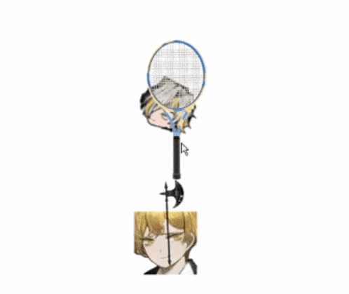 a drawing of a person holding an axe next to a tennis racquet