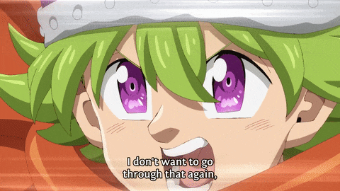 a cartoon character with green hair and purple eyes says i don 't want to go through that again