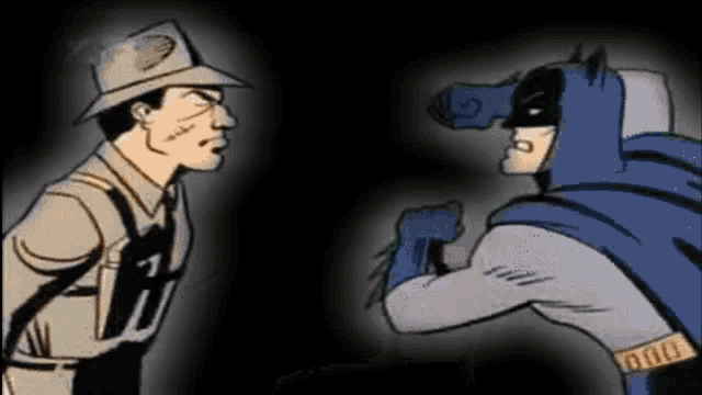 a man in a hat stands next to a batman