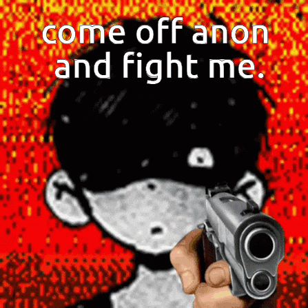a person is holding a gun in front of a red background with the words come off anon and fight me