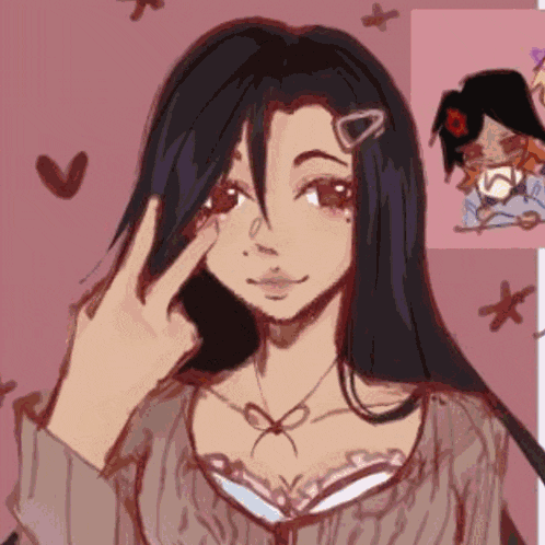 a drawing of a girl with long hair and a heart hair clip