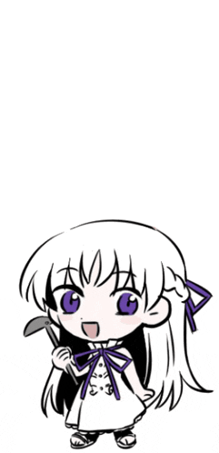 a drawing of a girl with white hair and purple eyes holding a sword