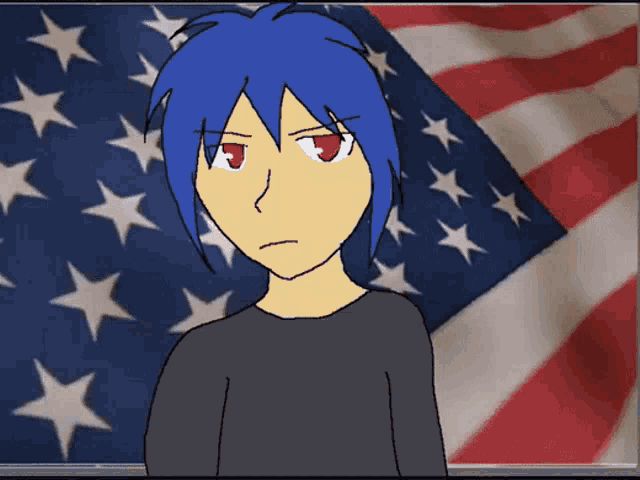a cartoon character with blue hair and red eyes stands in front of a large american flag