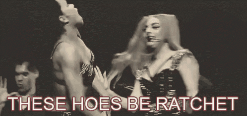 a black and white photo of a woman dancing with the words these hoes be ratchet