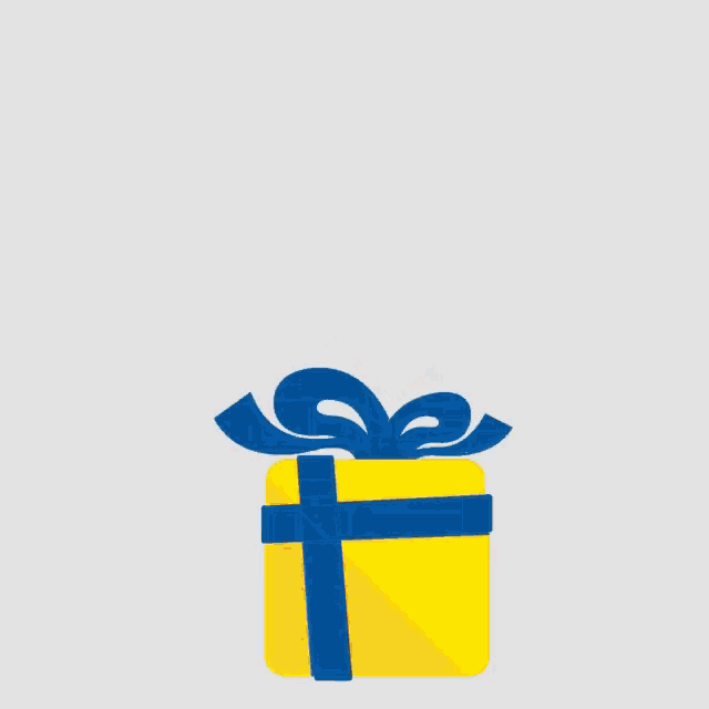 a yellow gift box with a blue ribbon and a bunch of candy in it