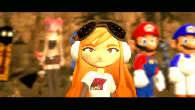 a group of cartoon characters are standing next to each other including a girl wearing headphones and goggles .