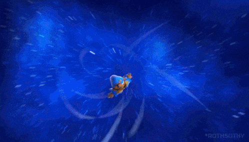 a cartoon character in a blue mask is falling into the water