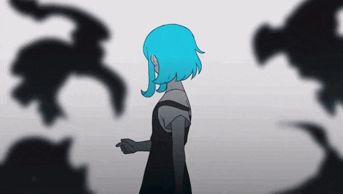 a girl with blue hair is standing in front of a bunch of shadows of birds .