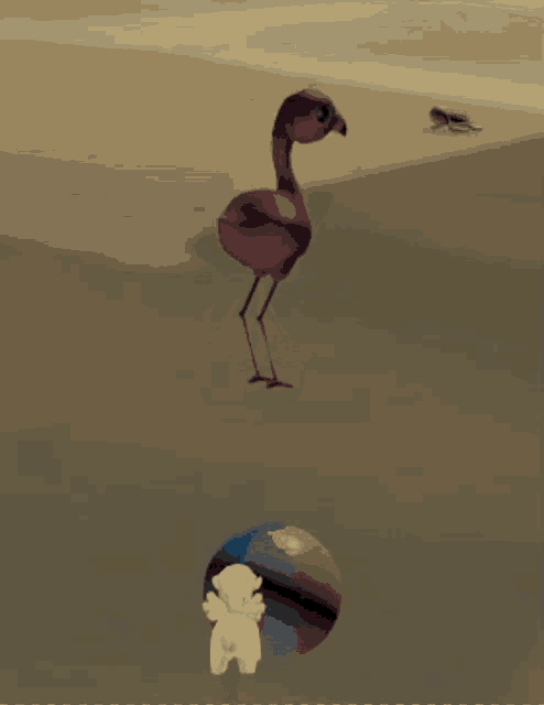 a pink flamingo is standing next to a smaller flamingo
