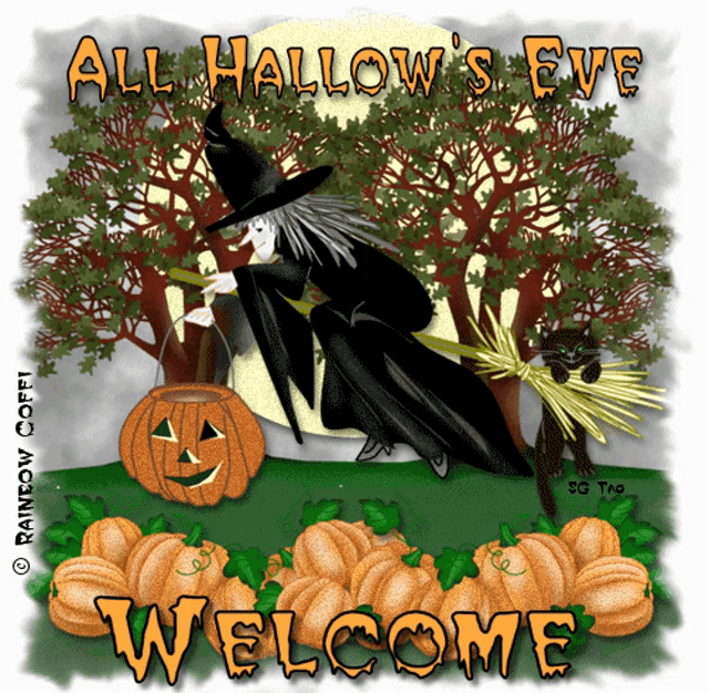 an all hallow 's eve poster with a witch on a broom