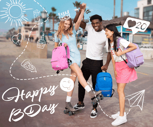a group of people with backpacks are standing on a sidewalk with the words happy 13 days written on the bottom
