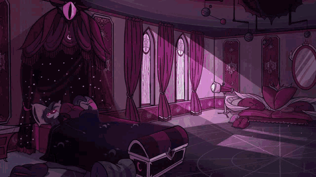 a cartoon drawing of a bedroom with a bed and a trunk