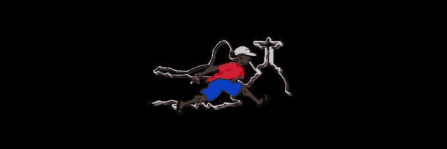 a cartoon of a man running on a black background with a cross in the background .