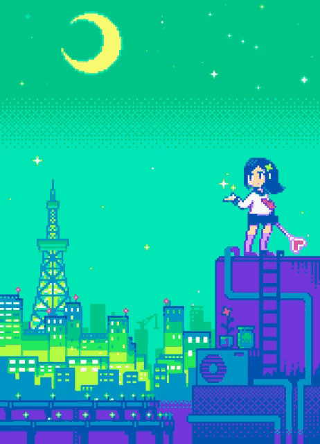 a pixel art of a girl standing on top of a building with a city in the background