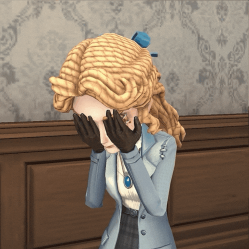 a cartoon character is covering her eyes with her hands