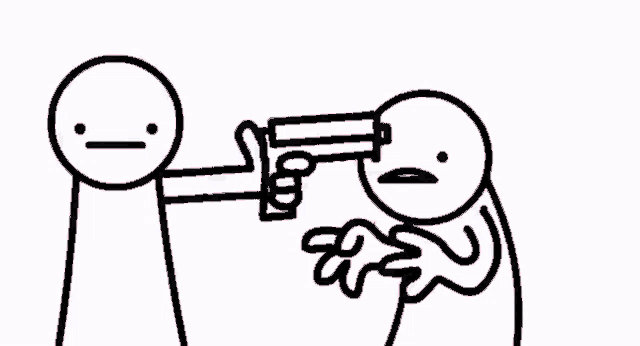 a stick figure is pointing a gun at another stick figure with blood coming out of his eyes