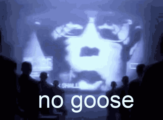 a group of people looking at a screen that says no goose on it
