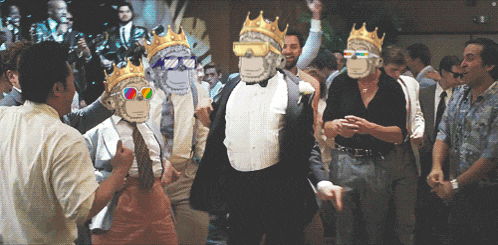 a group of men are dancing with monkey masks on