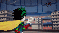 a pixel art drawing of a superhero fighting a monster