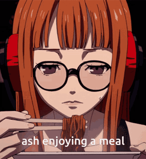 a girl with glasses is eating noodles with chopsticks and the words " ash enjoying a meal " next to her