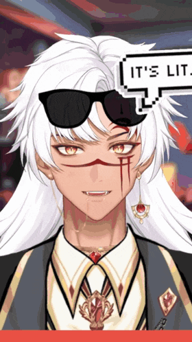a man with long white hair wearing sunglasses and a speech bubble that says " it 's lit "