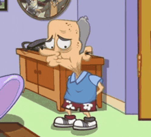 a cartoon character with a sad look on his face is standing in a room