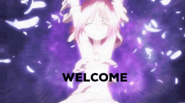 a girl in a white dress is standing in front of a purple background that says welcome
