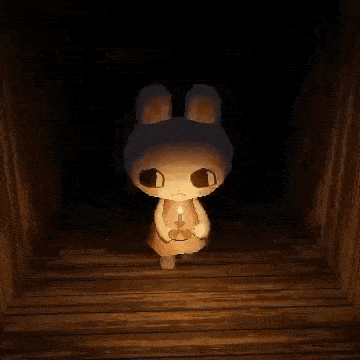 a cartoon bunny is holding a candle in a dark room .