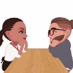 a man and a woman are sitting at a table and talking