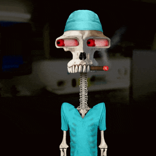 a cartoon of a skeleton wearing scrubs and smoking a cigar