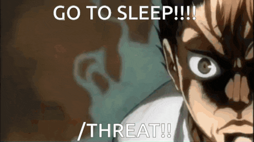 a cartoon of a man with the words go to sleep / threat written above him