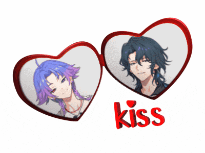 a couple of hearts with the word kiss in red