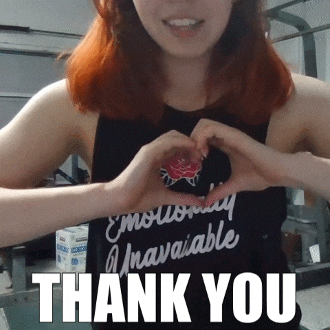 a woman making a heart shape with her hands with the words thank you written below her