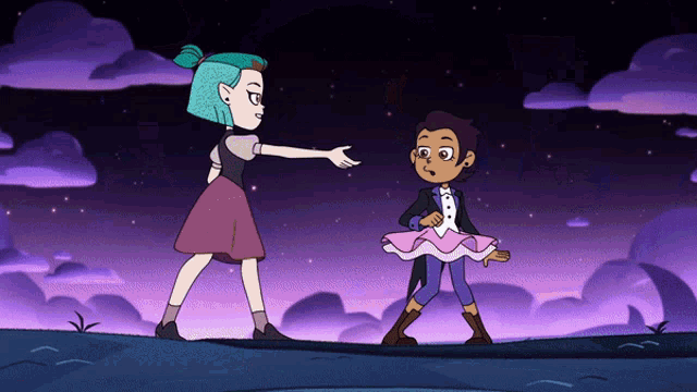 two cartoon characters are standing next to each other in a field