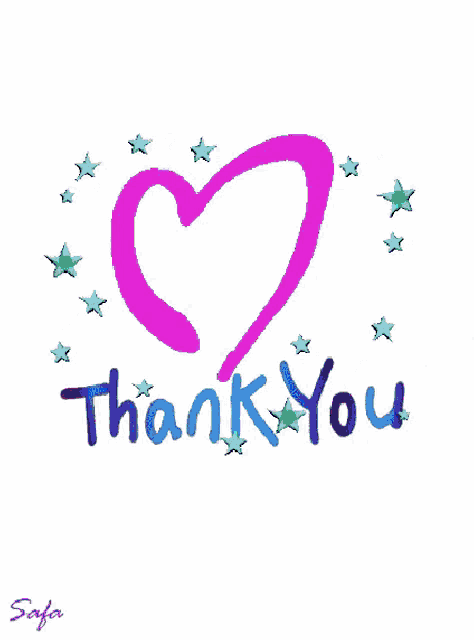 a thank you card with a pink heart and blue stars