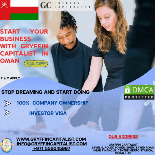 an ad for griffin capitalist in oman shows a man and a woman