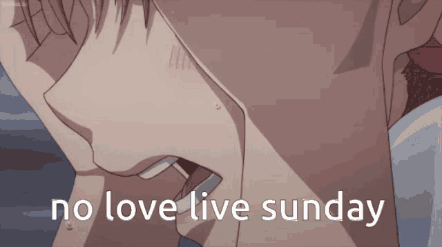 a close up of a person 's face with the words " no love live sunday " above it