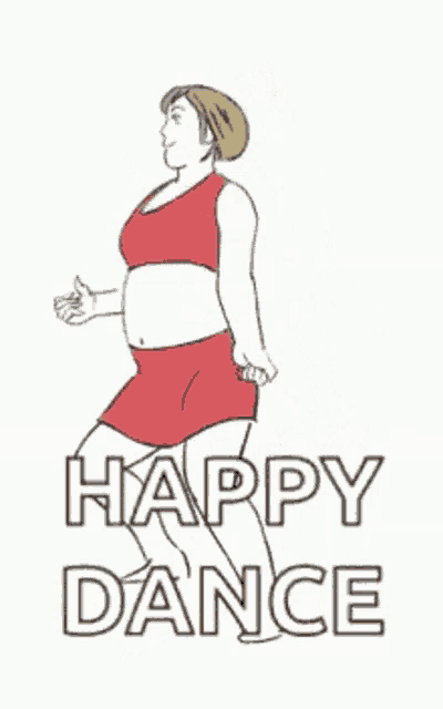 a cartoon of a woman in a red dress dancing with the words happy dance behind her