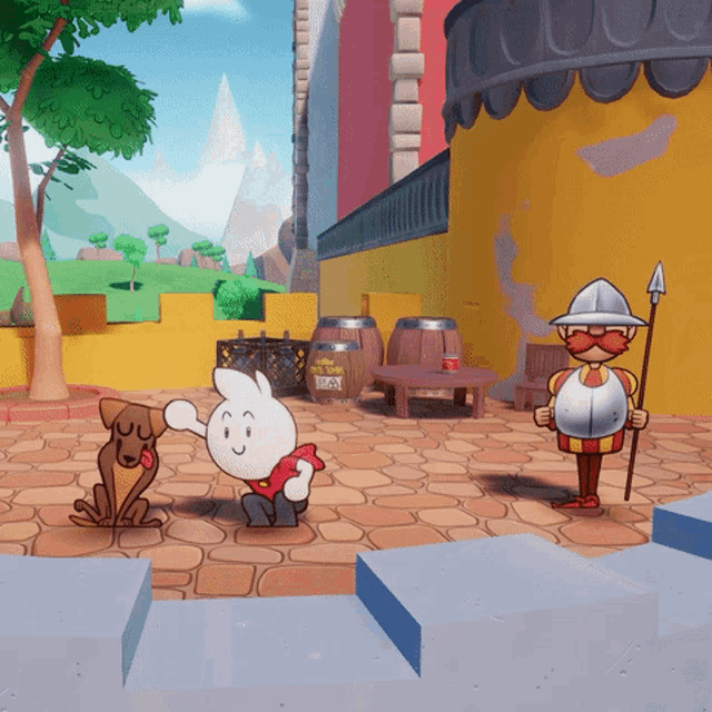 a cartoon of a man with a spear standing next to a rabbit and a dog