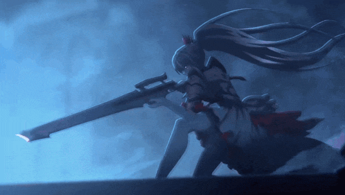 a girl with long hair is holding a sword in her hand