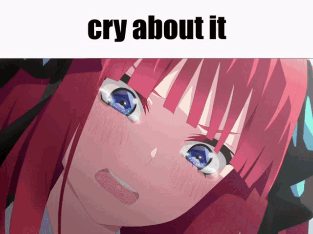 a picture of a girl with red hair and blue eyes with the words cry about it above her