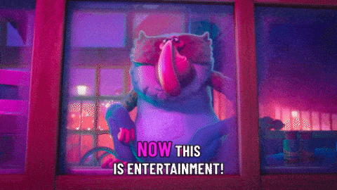 a cartoon character is looking out of a window with the words now this is entertainment below it