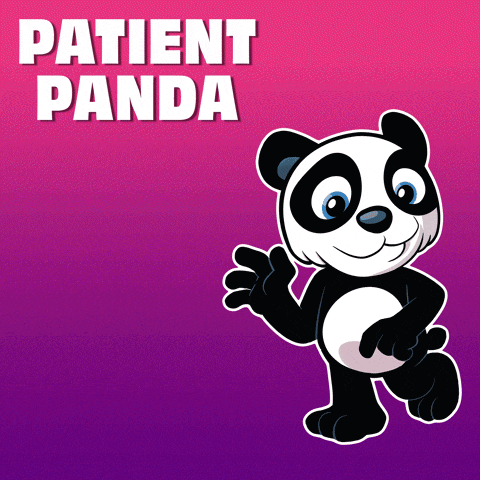 a cartoon panda bear is standing in front of a sign that says patient panda