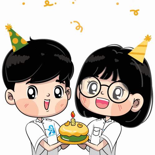 a boy and a girl wearing party hats holding a cake