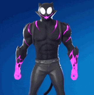 a man in a black cat costume is holding a gun and surrounded by hearts .