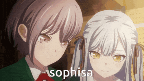 two anime girls are standing next to each other with the word sophisa in the corner