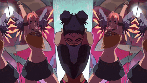a cartoon drawing of a girl with a bun on her head standing in front of two mirrors