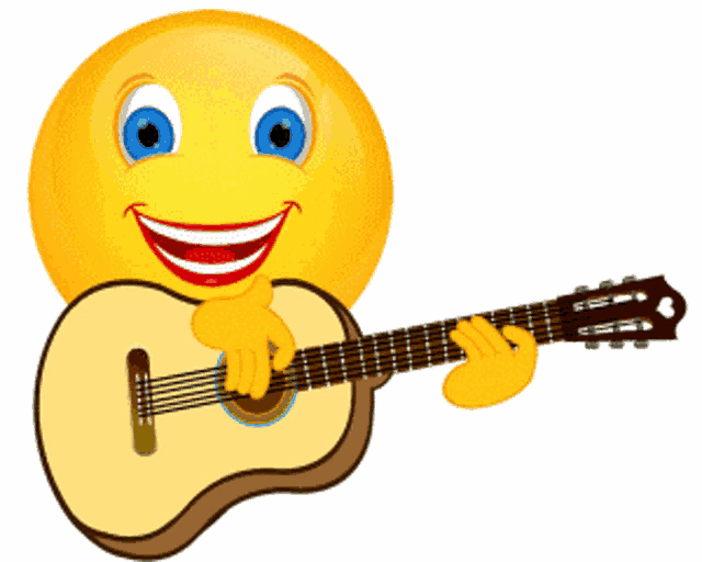 a smiley face is holding a guitar and pointing at it