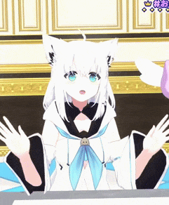 a girl with white hair and blue eyes is sitting at a table with her hands outstretched