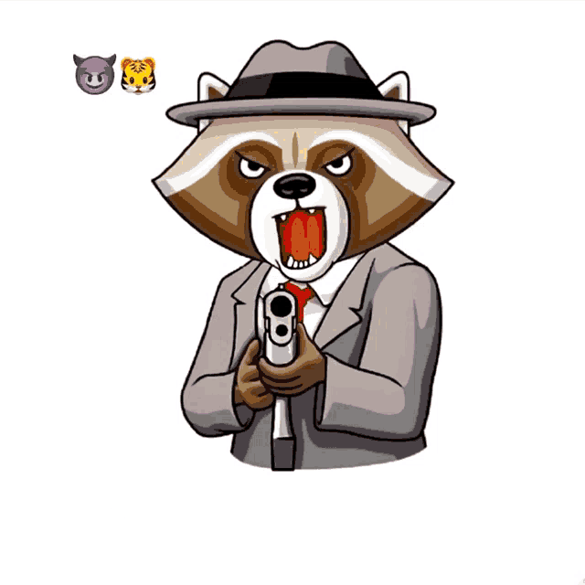 a raccoon in a suit and hat holding a gun with the words here i go killing the chat again